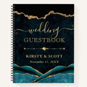 Teal Gold Faux Glitter Agate Wedding Guest Book