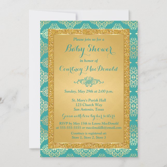 Teal, Gold FAUX Glitter Baby Shower Invite (Front)