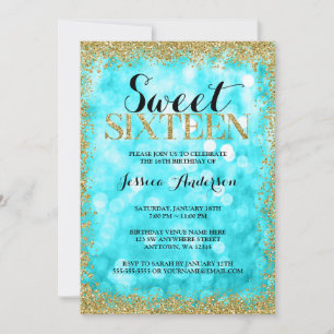 Teal Gold Faux Glitter Lights Sweet 16 Birthday Invitation