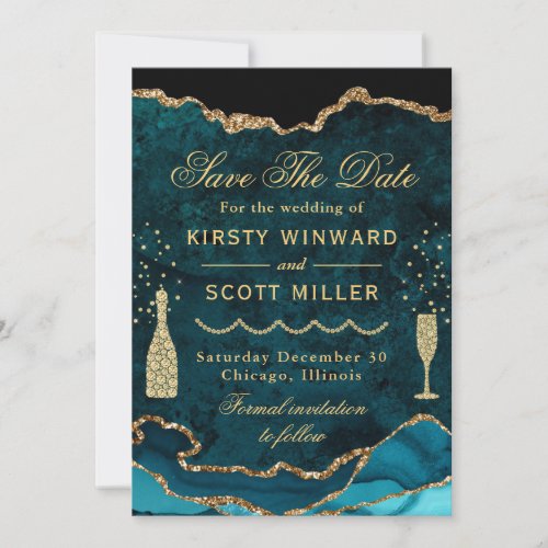 Teal  Gold Faux Glitter Marble Agate Wedding Save The Date