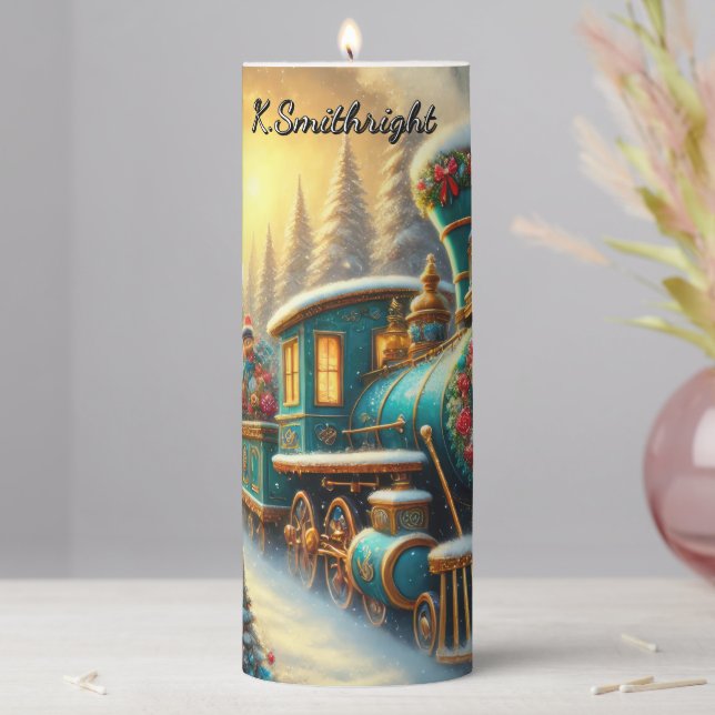 Teal Gold Festive Train Snowy Forest Pillar Candle (In Situ)