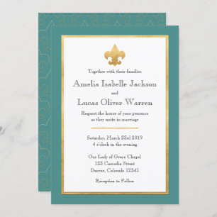 Teal & Gold Fleur De Lis Wedding Invitation
