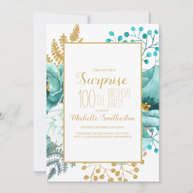 Teal Gold Floral 100th Birthday Invitation (Front)