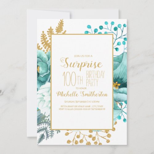 Teal Gold Floral 100th Birthday Invitation