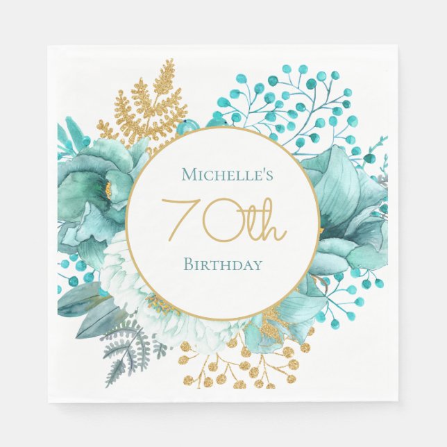 Teal Gold Floral 70th Birthday    Napkins (Front)