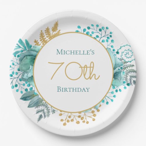 Teal Gold Floral 70th Birthday   Paper Plates