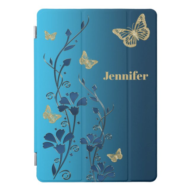 Teal, Gold Floral, Butterflies 10.5" iPad Cover (Front)