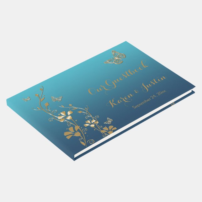 Teal, Gold Floral, Butterflies Wedding Guestbook (Corner)
