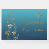Teal, Gold Floral, Butterflies Wedding Guestbook (Front)