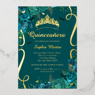 Teal Gold Floral Butterfly Elegant Quinceanera  Foil Invitation