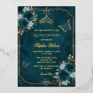Teal Gold Floral Butterfly Quinceañera Foil Invitation