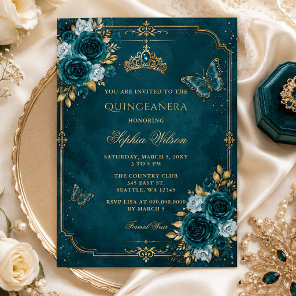 Teal Gold Floral Butterfly Quinceañera Invitation