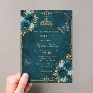 Teal Gold Floral Butterfly Sweet 16 Acrylic Invitations