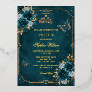 Teal Gold Floral Butterfly Sweet 16 Foil Invitation