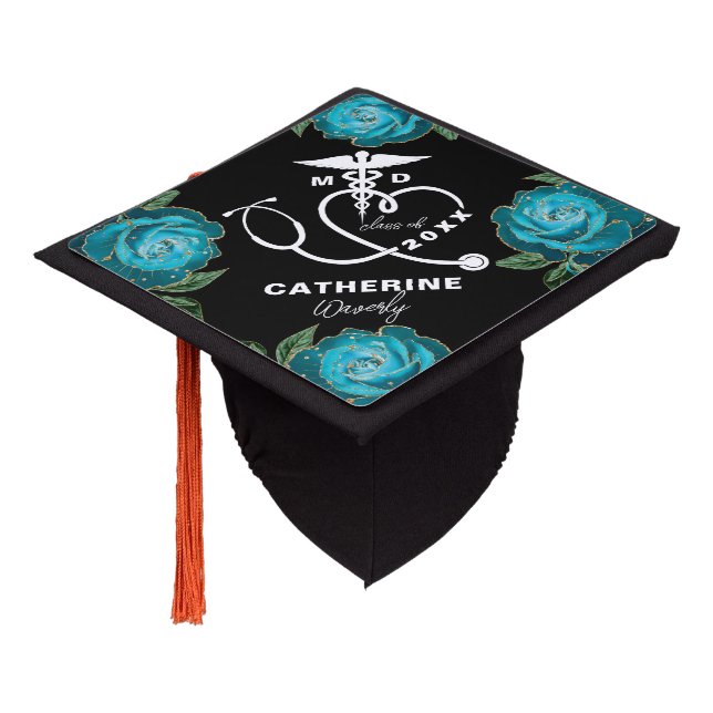 Teal Gold Floral Doctor Graduation Cap Topper (Angled)