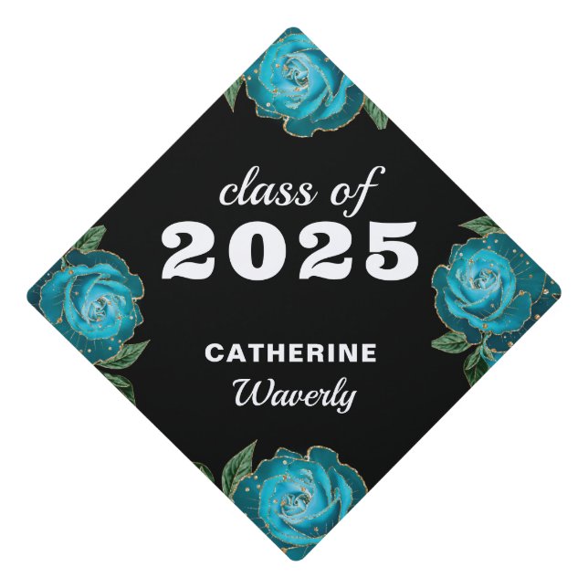 Teal Gold Floral Graduation Cap Topper (Front)