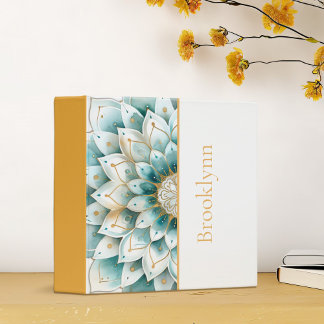 Teal Gold Floral Mandala Personalized 3 Ring Binder