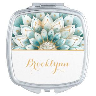 Teal Gold Floral Mandala Personalized Compact Mirror