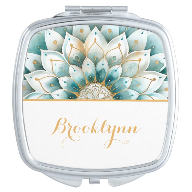 Teal Gold Floral Mandala Personalized Compact Mirror (Front)