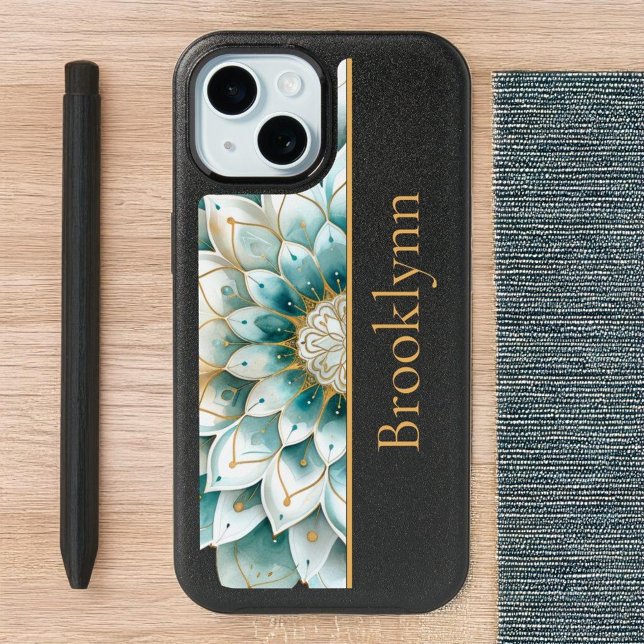 Teal Gold Floral Mandala Personalized Otterbox iPhone 15 Case (Creator Uploaded)