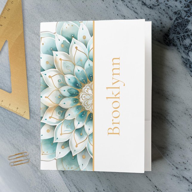 Teal Gold Floral Mandala Personalized  Pocket Folder (Creator Uploaded)