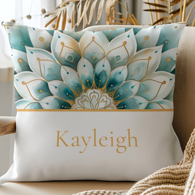 Teal Gold Floral Mandala Personalized Throw Pillow (Creator Uploaded)