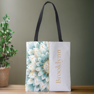 Teal Gold Floral Mandala Personalized Tote Bag