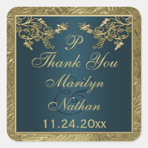 Teal, Gold Floral Monogram Wedding Favor Sticker