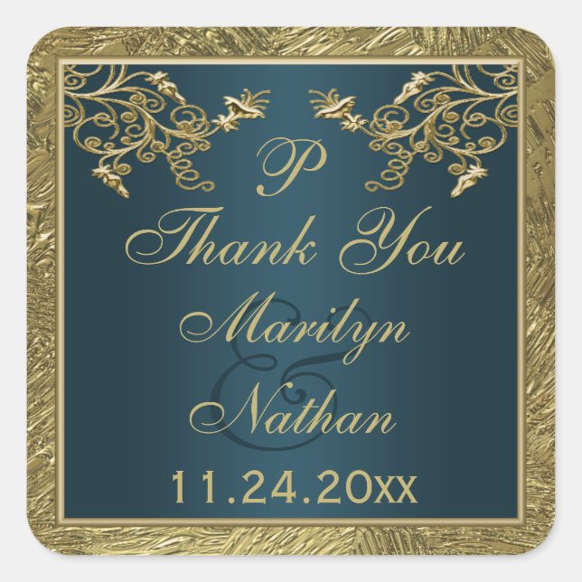Teal, Gold Floral Monogram Wedding Favor Sticker (Front)