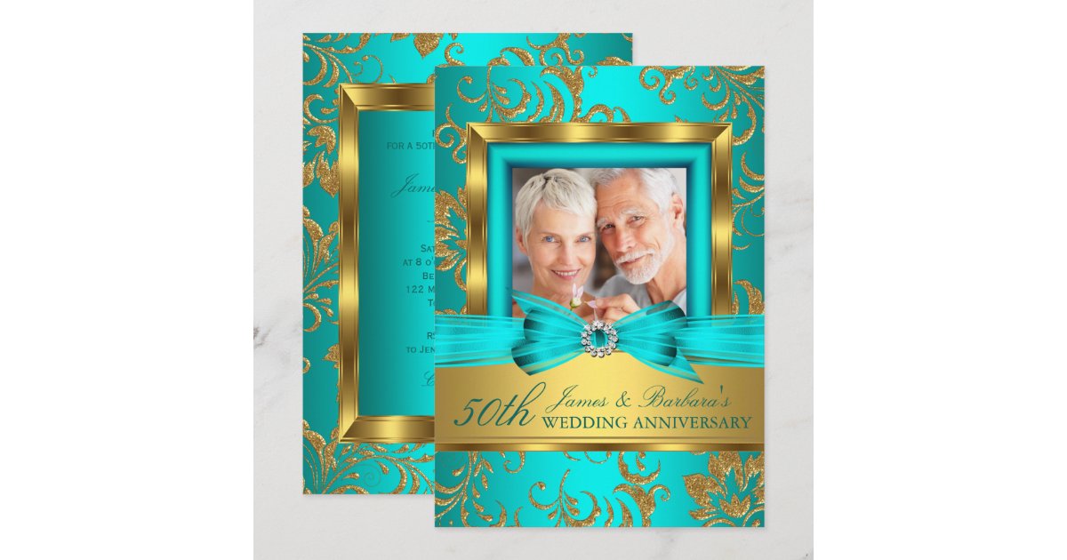 Teal Gold Floral Photo 50th Wedding Anniversary Invitation | Zazzle