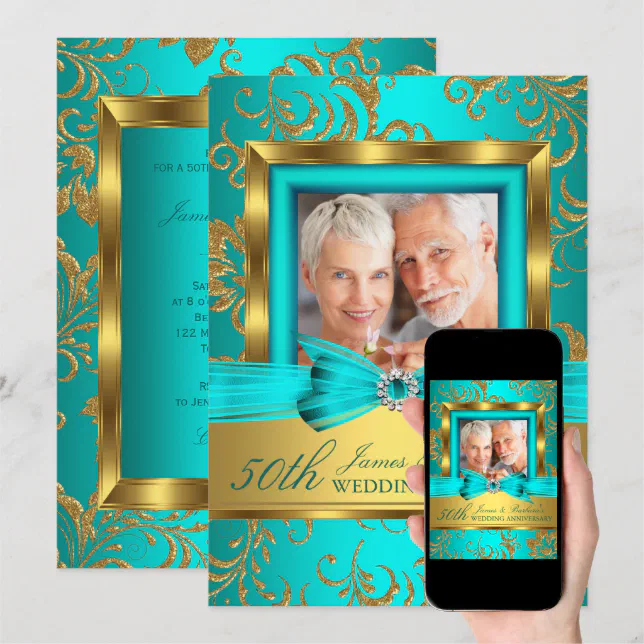 Teal Gold Floral Photo 50th Wedding Anniversary Invitation | Zazzle