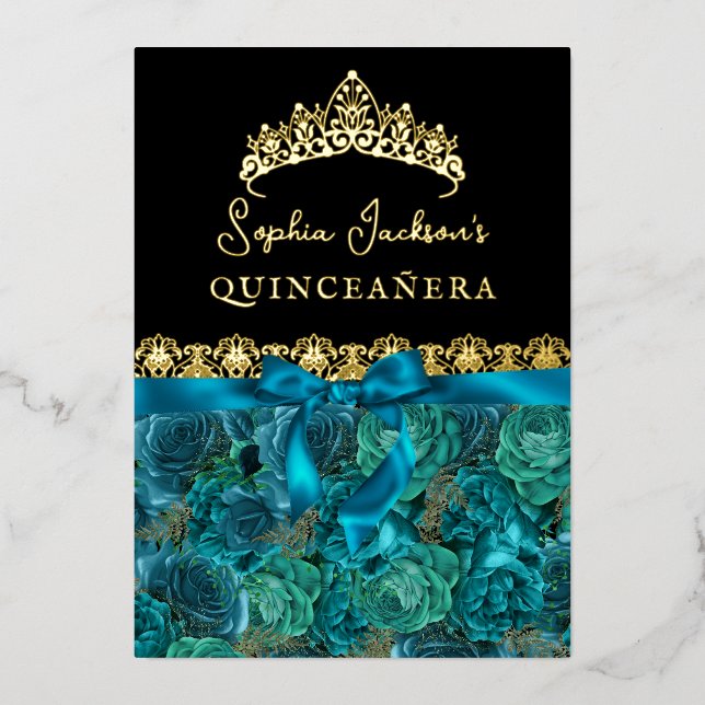 Teal Gold Floral Rose Quinceanera Foil Invitation (Front)