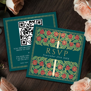 Teal Gold Floral Royal Wedding RSVP QR Code Enclosure Card