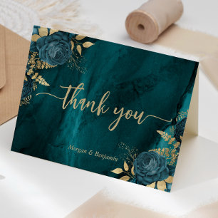 Teal Gold Floral Script Wedding Letterpress Thank You Card