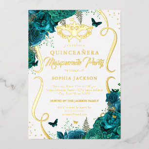 Teal Gold Floral Scroll Masquerade Quinceanera Foil Invitation