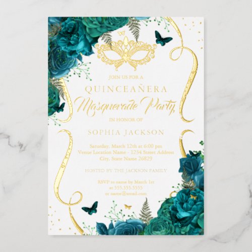 Teal Gold Floral Scroll Masquerade Quinceanera Foil Invitation