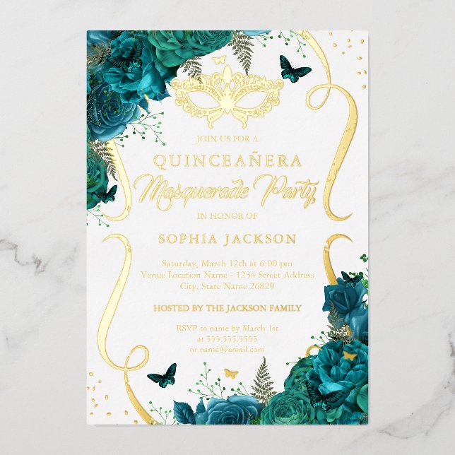 Teal Gold Floral Scroll Masquerade Quinceanera Foil Invitation (Front)