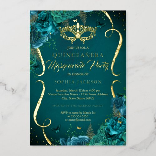 Teal Gold Floral Scroll Masquerade Quinceanera Foil Invitation