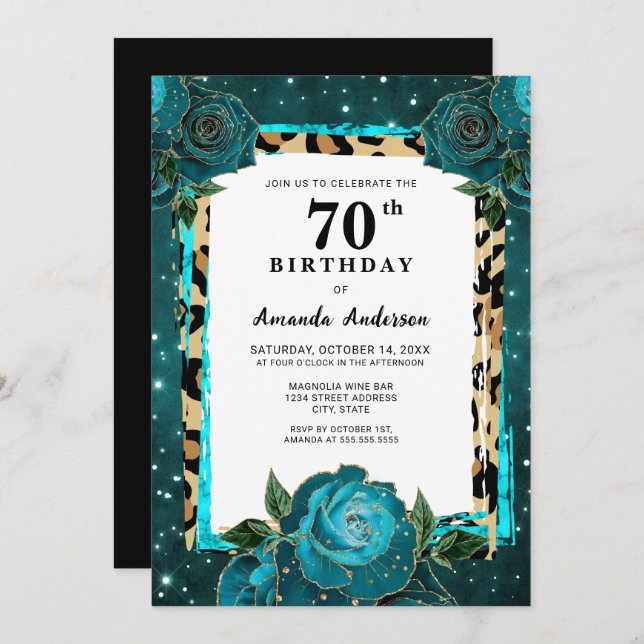 Teal Gold Floral Seventy 70th Birthday Invitation (Front/Back)