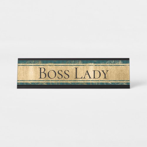 Teal Gold Floral Striped Boss Lady Name Plate