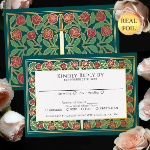 Teal Gold Floral Sword Royal Wedding RSVP Foil Invitation