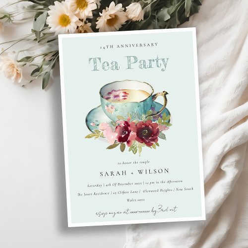 Teal Gold Floral Teacup Any Year Anniversary Party Invitation