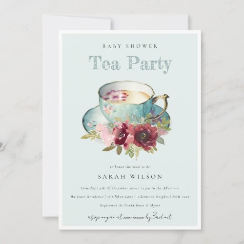 Teal Gold Floral Teacup Baby Shower Tea Party Invitation