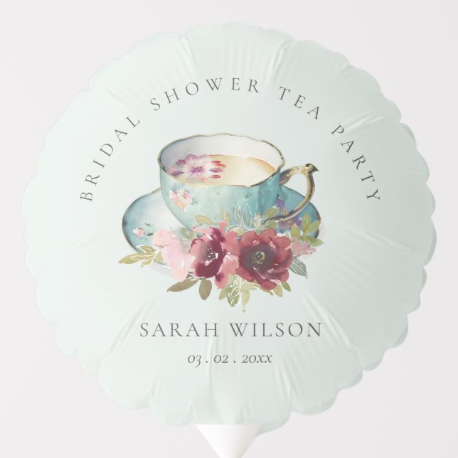 Teal Gold Floral Teacup Bridal Shower Tea Party Balloon (Front)