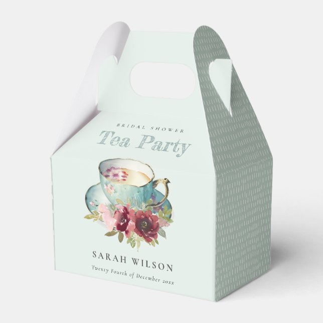 Teal Gold Floral Teacup Bridal Shower Tea Party Favor Boxes (Front Side)