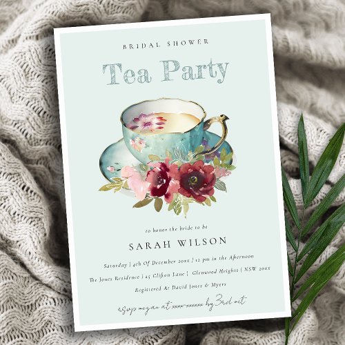 Teal Gold Floral Teacup Bridal Shower Tea Party Invitation