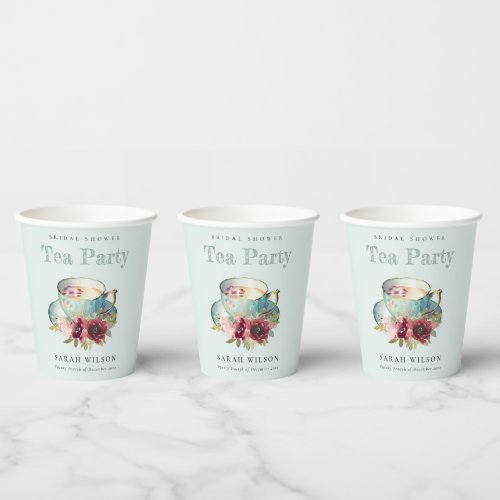 Teal Gold Floral Teacup Bridal Shower Tea Party Paper Cups