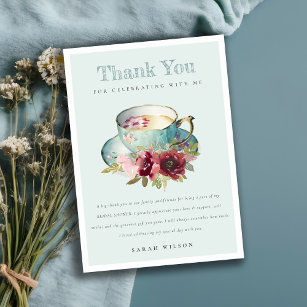 Teal Gold Floral Teacup Bridal Shower Tea Party Thank You Card