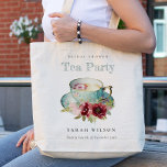 Teal Gold Floral Teacup Bridal Shower Tea Party Tote Bag<br><div class="desc">Royal Teal Gold Floral Teacup Theme Collection.- it's an elegant royal script watercolor Illustration of soft delicate teal Gold teacup with pink, burgundy flowers perfect for your tea parties. It’s very easy to customize, with your personal details. If you need any other matching product or customization, kindly message via Zazzle....</div>