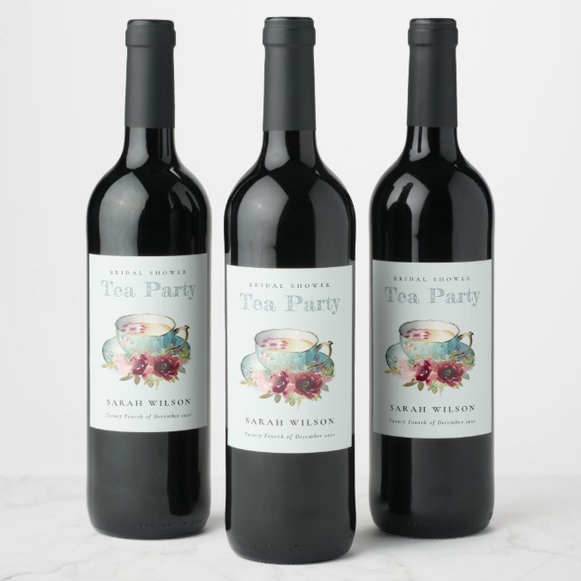 Teal Gold Floral Teacup Bridal Shower Tea Party Wine Label (Bottles)